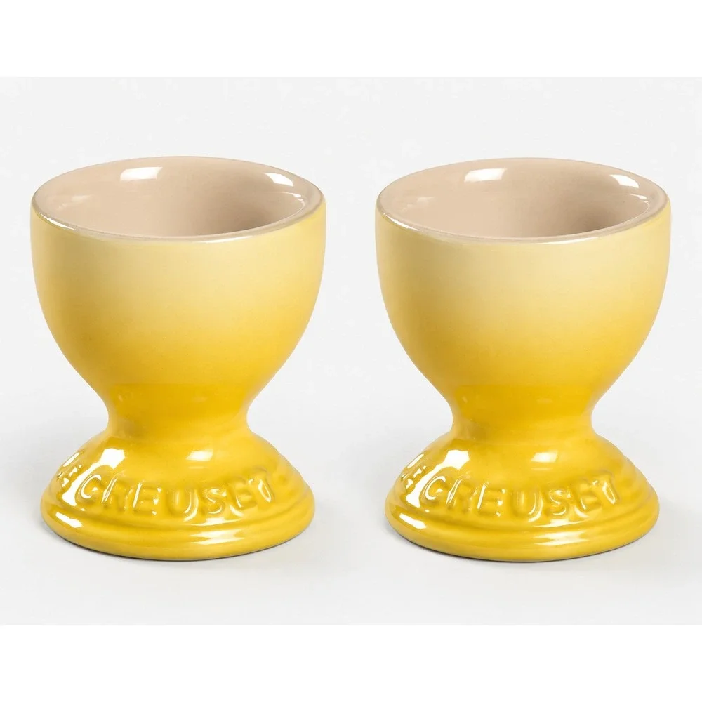 Le Creuset Stoneware Footed Egg Cups Set of 2 Yellow Soleil Ombre Logo NEW